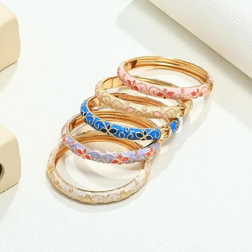 sunglnl Cloisonne Bracelet For Women, 4 Petals of Flower Shaped Enamel Bling Chunky Bangle Trendy Cute Colorful Gold Plated Vintage Bracelets Stackable Wife Jewelry Friendship Gift thumbnail 5