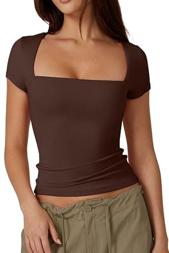 QINSEN Women's Square Neck Short Sleeve T Shirts Double Lined Basic Tee Slim Fit Tops - Image 1