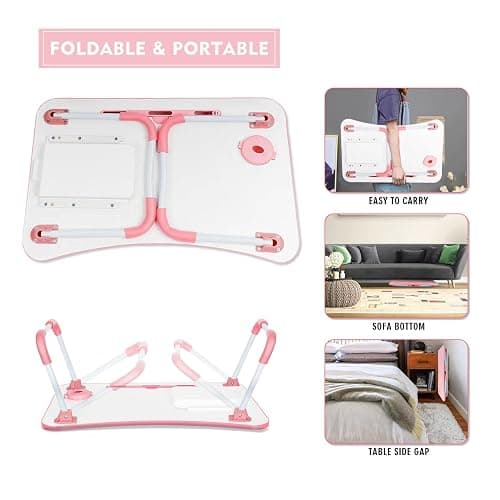 Laptop Bed Table, Foldable Laptop Desk Bed Tray with Storage Drawer, Lap Desk TV Tray for Breakfast Serving, Notebook Stand Reading Holder with Phone Slot and Cup Holder for Sofa Couch Floor-Pink thumbnail 4