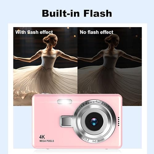 4K Digital Camera, Acbaeta Autofocus 50MP Vlogging Camera with 32G SD Card, 16X Zoom, Flash, Anti-Shake, Compact Portable Small Point and Shoot Digital Camera (Q12 Pro-Pink) thumbnail 4