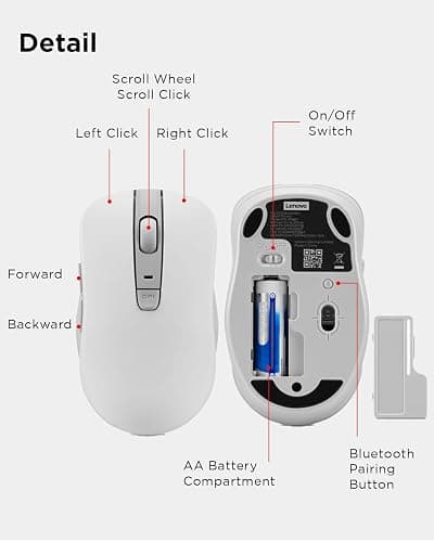 Lenovo Bluetooth Silent Mouse (WL300) - 5 Button Computer Mouse with Silent Left & Right Click – Sculpted Grip, Microsoft Swift Pair, Up to 1600 DPI (White) thumbnail 7