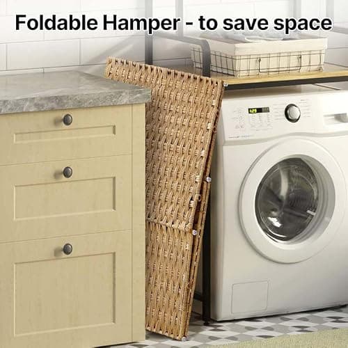Greenstell Laundry Hamper with lid, No Install Needed, 110L Wicker Laundry Baskets Foldable 2 Removable Liner Bags, 2 Section Clothes Hamper Handwoven Rattan Laundry Basket with Handles, Natural thumbnail 7