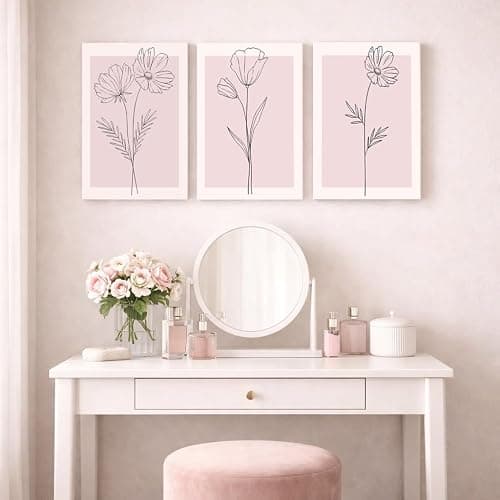 Pink Flower Wall Art Set of 3 Framed, Blush Pink Floral Canvas Wall Decor Pictures, Minimalist Botanical Line Art Prints for Girls Bedroom Teen Room Living Room Aesthetic 12x16 Inch thumbnail 9