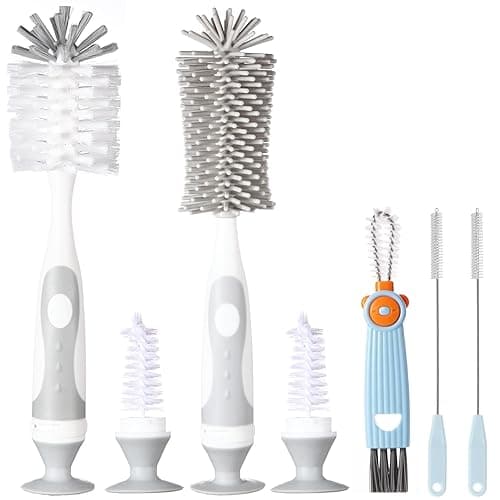 Ariseno 5-in-1 Baby Bottle Cleaner Set, Including Nylon & Silicone Bottle Brush, Cap, Straw & Nipple Brushes, BPA-Free (Grey) - Gray-nylon Silicone