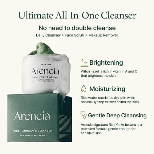 ARENCIA Korean Rice Mochi Face Cleanser & Daily Scrub - Moisturizing, Brightening & Deep-Cleansing - All Skin Types, Vegan, Organic - with Rice Powder, Rice Water & Green Tea (1.76oz) thumbnail 3