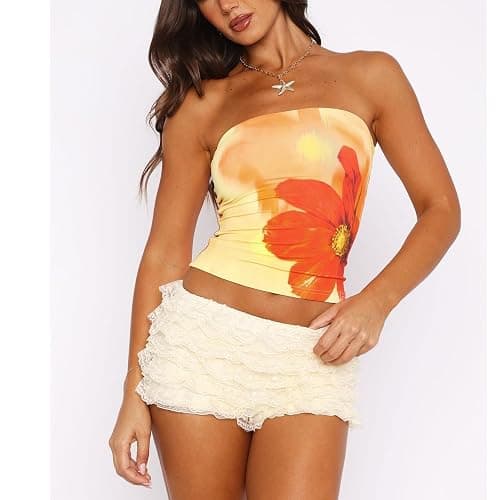 Tube Top Women Sleeveless Backless Strapless Bandeau Teen Girl Y2k Cute Floral Graphic Going Out Crop Shirt thumbnail 3