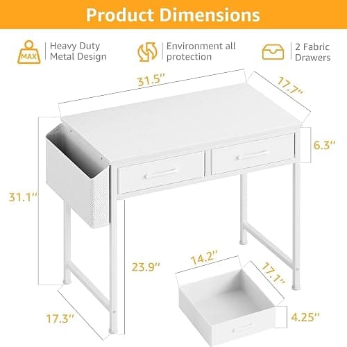 DLisiting 32 Inch Small White Desk with 2 Drawers, Study Writing Computer Desk with Storage Drawer for Bedroom Home Office, Vanity Table Without Mirror for Girls Small Spaces thumbnail 3