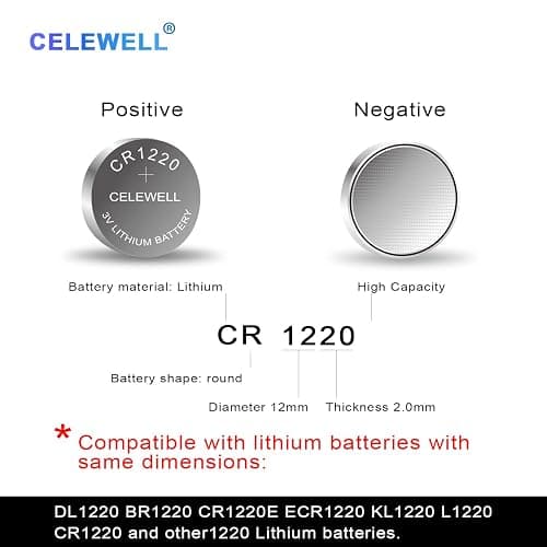 CELEWELL CR1220 5-Pack 3V Lithium Battery 40mAh for LED Light/Bracelet/Flashlight【5-Year Warranty】 thumbnail 2