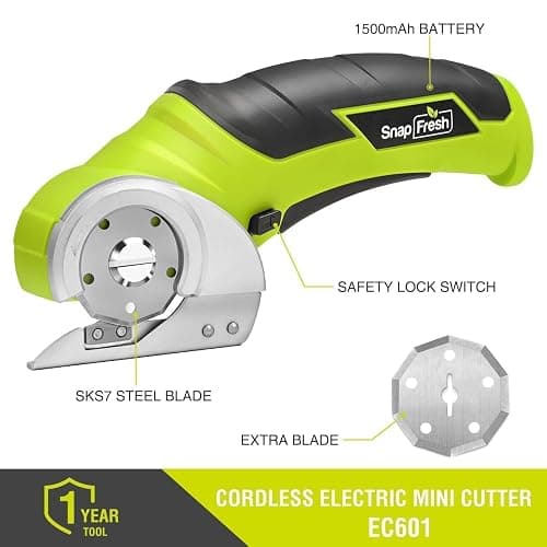 SnapFresh Cordless Electric Scissors, 4V Electric Mini Box Cutter, Carpet & Cardboard Cutter Tool with a Replacement Blade/Charger, Rotary Cutter for Cardboard Packages Leather Plastic （Green） thumbnail 7