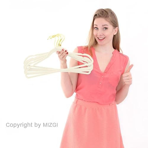 MIZGI Premium Velvet Hangers Pack 100 Pcs Heavyduty - Non Slip Slimline - Velvet Suit Hangers Ivory - Gold Hooks,Space Saving Clothes Hangers … thumbnail 8