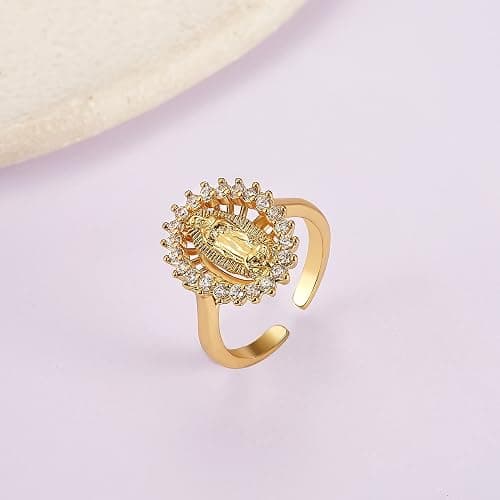 Ornaland 18K Gold Plated Clear Cubic Zirconia Open Cuff Ring Adjustable Oval with Virgin Mary Religion Open Finger Ring Jewelry Gifts for Women thumbnail 3
