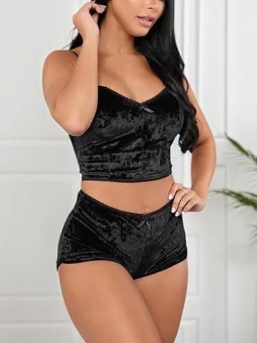 Angsuttc Women's Velvet 2 Piece Outfit Spaghetti Strap Crop Top Shorts Pajamas Set Sleepwear Nightwear thumbnail 5