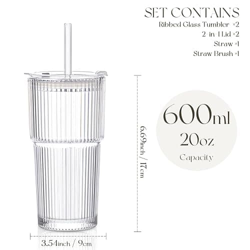 KEMORELA 2-Pack 20 oz Ribbed Glass Tumblers with Lids and Glass Straws – Vintage Iced Coffee Cups, Reusable Smoothie & Cocktail Drinking Glasses, Clear Glassware for Home or Cafe thumbnail 2