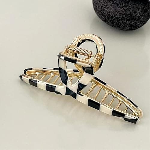 Big Butterfly Metal Hair Claw Clips for Women - Checkerboard Clamps with Strong Hold, 4.7" Large Hair Accessories for Long Thick Hair (Black&White) thumbnail 5