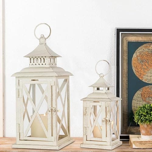 Lanterns Decorative Outdoor&Indoor, Set of 2 (14"&10") Beige Metal Lantern Decor with Glass, Candle Holder for Porch, Patio, Garden, Balcony, Wedding, Table Centerpiece thumbnail 4