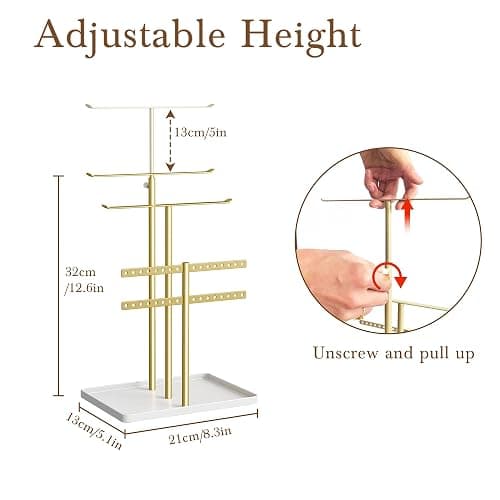 susswiff Jewelry Holder Organizer Stand - Adjustable Jewelry Tree 17.5" Height (Max), Jewlery Hanger for Necklaces, Bracelets, Earrings, Aesthetic for Storage and Display, Metal, Gold and White thumbnail 3