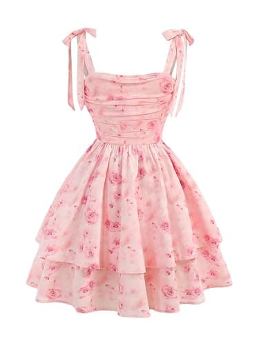 Floerns Girl's Floral Tie Shoulder Cami Dress Ruched Layered Ruffle Hem Short Dresses - Image 1