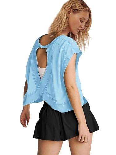 Panadila Womens Open Back Workout Top Oversized Workout T Shirts Backless Athletic Shirt Short Sleeve Baby Tee thumbnail 3