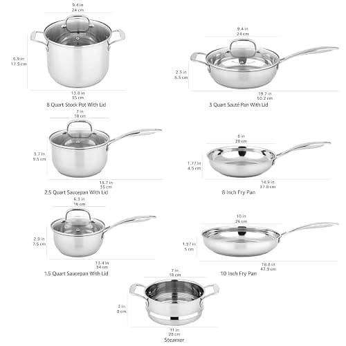 Amazon Basics Stainless Steel Cookware 11-Piece Set, Oven Safe, Induction-Ready, Even Heating, Non Toxic, Stay-Cool Handles, Pots and Pans, All Stovetops, Glass Lids, Silver thumbnail 3