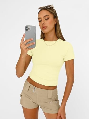 AUTOMET Women's Crew Neck Short Sleeve Basic Stretchy Tight Fitted T-Shirt thumbnail 6