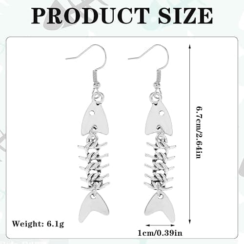 Mabor Ohrringe Fisch Skelett, Grunge Accessoires Ohrhänger Ohrschmuck Fischgräten Zinklegierung Lange Coole Weird Ohrringe Silber Y2k Punk Gothic Schmuck Fischhaken Hängend Schräge für Frauen Mädchen thumbnail 2