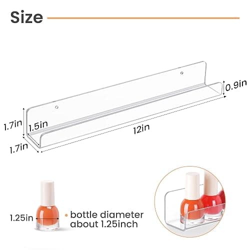 upsimples 6 Pcs 12" Clear Acrylic Shelves, Small Shelf for Wall Display | Narrow Floating Shelves for Nail Polish, Vinyl Wall Mount, Record Holder, Magazine Rack, Comic Display, Picture Ledge Shelf thumbnail 3