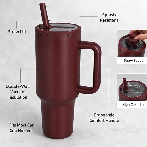 40oz Stainless Steel Insulated Tumbler with Handle & Straw Lid, Notable Red | Double-wall vacuum design, leak-proof lid, Keeps drinks cold & hot, perfect for shopping, commuting, fall travel, camping thumbnail 4