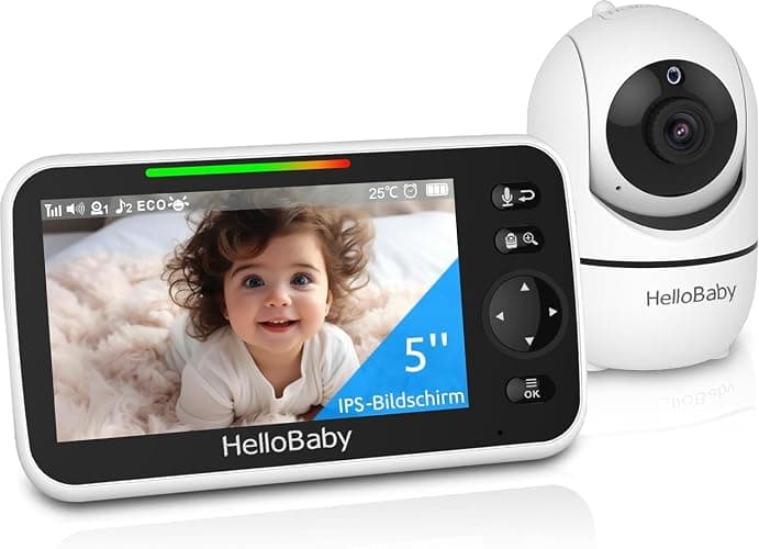 HelloBaby Babyphone mit Kamera, 3500 mAh Akku mit 5 Zoll Bildschirm, 355° Schwenken-120° Neige-Zoomen, Babyfone ohne WLAN, 2 Wege Audio, Temperatur, 8 Schlaflieder, Nachtsicht, HB6550 - Image 1