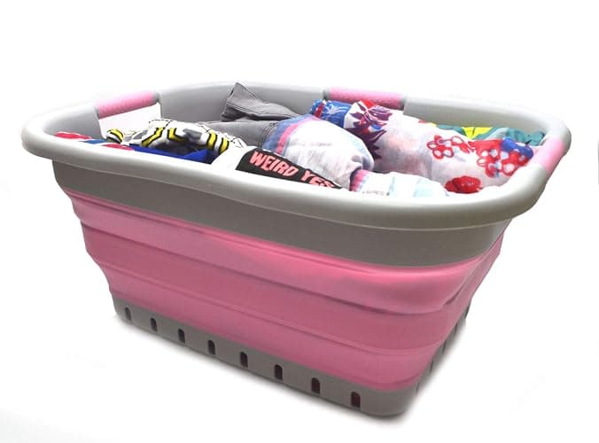 SAMMART 41L (10.8 gallon) Collapsible 3 Handled Plastic Laundry Basket - Foldable Pop Up Storage Container/Organizer - Portable Washing Tub - Space Saving (3 handled rectangular, Grey/Pink) thumbnail 3