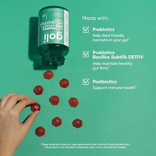 Goli Nutritional Supplement, Pre+Post+Probiotics Gummy - 60 Count - World's First 3-in-1 Gluten-Free, Vegan, Non-GMO, and Gelatin-Free. thumbnail 5