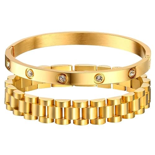MPRAINBOW 2pcs 18K Gold Plated Chain Link Bracelet, Stainless Steel Crystal Friendship Bracelets Bangle,Watch Band Chains Wristband Jewelry with Adjust Tool - Image 1