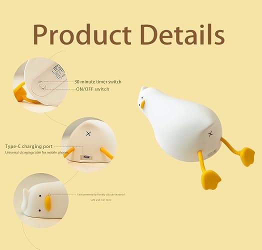 HAPPYBAG LED Lying Flat Duck Night Light, 3 Level Dimmable Nursery Nightlight,Cute Lamps Silicone Squishy Light Up Duck,Rechargeable Bedside Touch Lamp for Breastfeeding Toddler Baby Kids Decor thumbnail 6