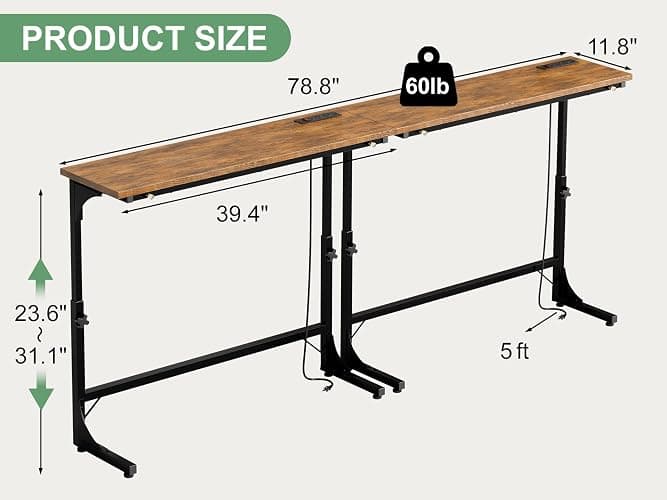 Lanynne 11.8" W *78.8" L Narrow Console Table with Adjustable(23"-31") Behind Sofa Couch with Charging Station, Long Entryway Side Display Table for Hallway Foyer Bedroom Living Room Rustic Brown thumbnail 3