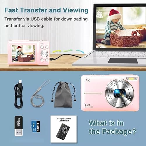 4K Digital Camera for Photography, 64MP Autofocus Vlogging Cam for YouTube, Anti-Shake, 3.0'' LED Screen, 18X Zoom, Pink Point and Shoot Digital Camera for Teens Adult Beginner, 32GB TF Card thumbnail 7