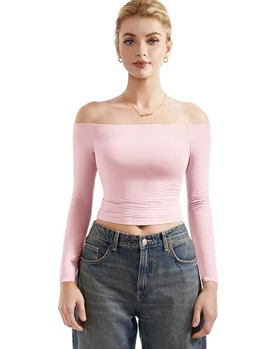 SUUKSESS Women Off Shoulder Double Lined Long Sleeve Shirts Basic Going Out Tops thumbnail 2