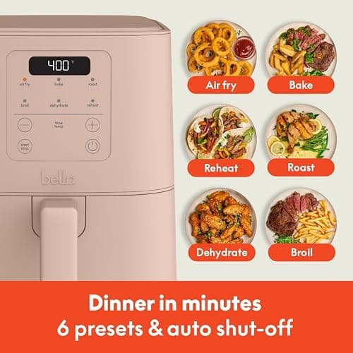 bella 4Qt Slim Air Fryer, Fits-anywhere™ Kitchenware, EverGood™ Ceramic Nonstick Coating, Adjustable Temperature, 6 Preset Cooking Options, 60 Min Auto Shutoff w Audible Tone, 3.3lb Capacity, Blossom thumbnail 6