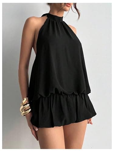Floerns Women's Y2k Summer Halter Dress Tie Open Back Sleeveless Ruffle Hem Bubble Going Out Mini Dresses thumbnail 3
