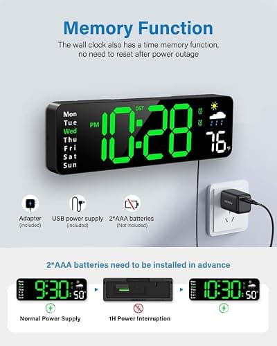 Digital Wall Clock, Digital Clock Large Display with Remote Control, Corded LED Alarm Clocks with Date, Week, Temp, Humidity, Auto DST, Countdown, for Living Room Bedroom Classroom Office (Green) thumbnail 5