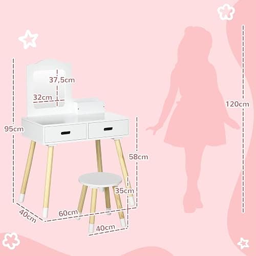 ZONEKIZ Coiffeuse Enfant Table de Maquillage avec Tabouret Miroir et 2 tiroirs 3 à 6 Ans - 60 x 40 x 95 cm - Blanc et Bois thumbnail 3