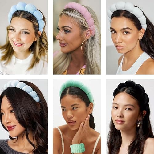 Tetizo Spa Headbands for Washing Face Wristband Set Sponge Makeup Skincare Headband Wrist Towels Bubble Soft Terry Towel Cloth Hairband for Women Puffy Headwear Non Slip Thick Hair Headwear (Pink) thumbnail 6