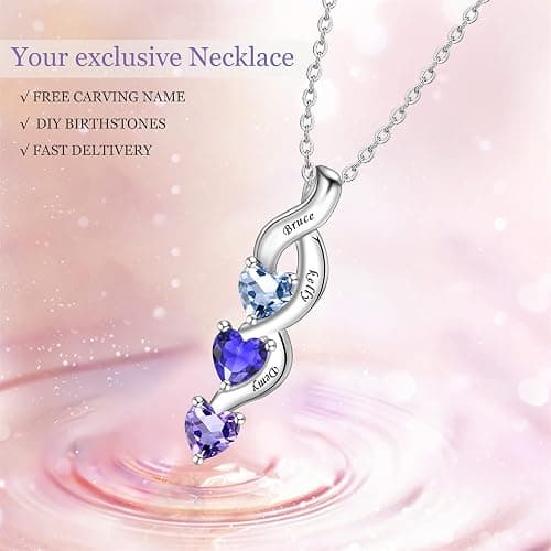 MissNaNa Sterling Silver Personalized Mothers Necklace with Simulated Birthstones Engraved 1-6 Children Names Custom Love Heart Pendant Family Necklace for Women Mother's Day Birthday thumbnail 5