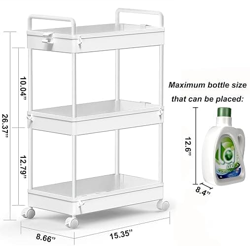 SOLEJAZZ 3 Tier Rolling Storage Cart with Wheels Slim Craft Nail Makeup Snack Art Baby Utility Cart Organizer on 2 Lockable Wheels for Bathroom Laundry Room Kitchen Bedside Narrow Spaces, White thumbnail 2