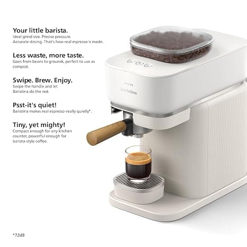 Philips Baristina Espresso Machine, Grind, Tamp & Brew Coffee Beans in One Swipe, Compact, 16 Bar Pump Pressure, Automatic Grinder, Natural White with Ash Wood Portafilter (BAR302/20) thumbnail 12