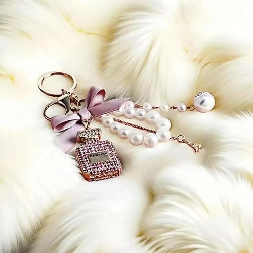KASTANNY Elegant Pink Bow Keychain Set with Perfume Style Pendant, Luxury Perfume Bottle Shaped Pearl Keychain, car accessories for women or Bow Handbag Charms thumbnail 8