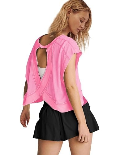 Panadila Womens Open Back Workout Top Oversized Workout T Shirts Backless Athletic Shirt Short Sleeve Baby Tee thumbnail 4