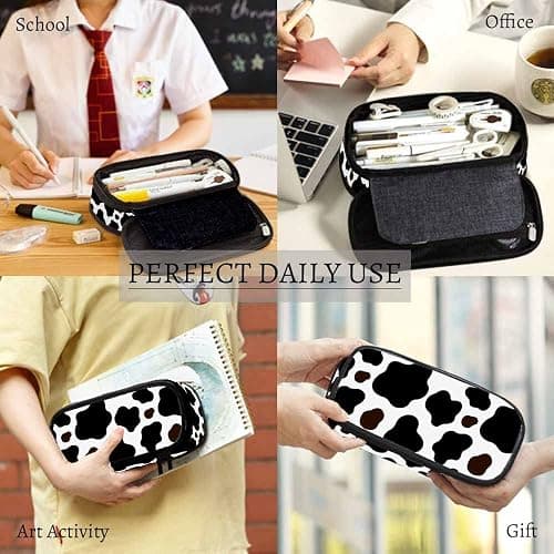 Yekiua Cow Pencil Holder Brown Black White Spotted Skin Fur Big Capacity Pencil Case Multi-Purpose Makeup Pouch For Office College Adult thumbnail 5
