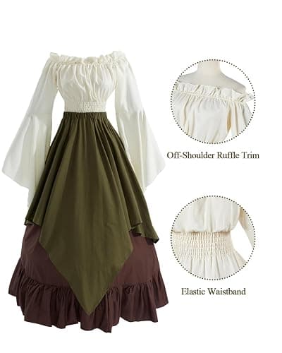 NSPSTT Renaissance Costume Women 2 Piece Medieval Dress Set Bell Sleeve Layered Peasant Outfit for Ren Faire thumbnail 3