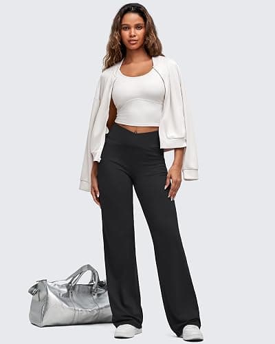 G4Free BareFeel High Stretch Women Wide Leg Yoga Pants Cross Waist Casual Trousers with Zipper Pockets 29"/31"/33" thumbnail 6