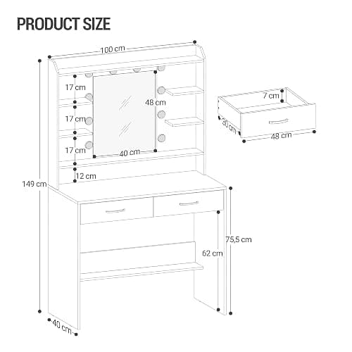 Hzuaneri Vanity Desk with Mirror and Led Light, Adjustable Brightness, Dressing Table with Shelves and 2 Drawers, for Bedroom, 40 x 100 x 149 Cm, White DT38703XCA thumbnail 2