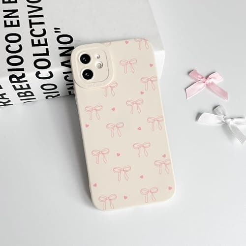 NITITOP Compatible with iPhone 12 Mini Case Cute Aesthetic Bow Ribbon Love Heart Pattern Design for Women Girls Soft TPU Bowknot White Back Shockproof Protective Phone Cover - Pink thumbnail 2